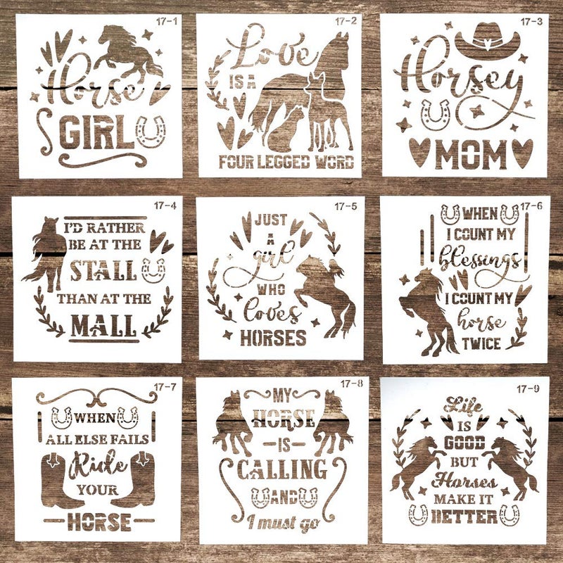 SLGIFT DIY Decorative Reusable Letter Stencil Template for Crafts Scrabooking Painting on Cake,Cookie,Wood,Canvas,Floor,Wall (5.9 x 5.9 Inch), Set of 9 (Horse) - Image 1